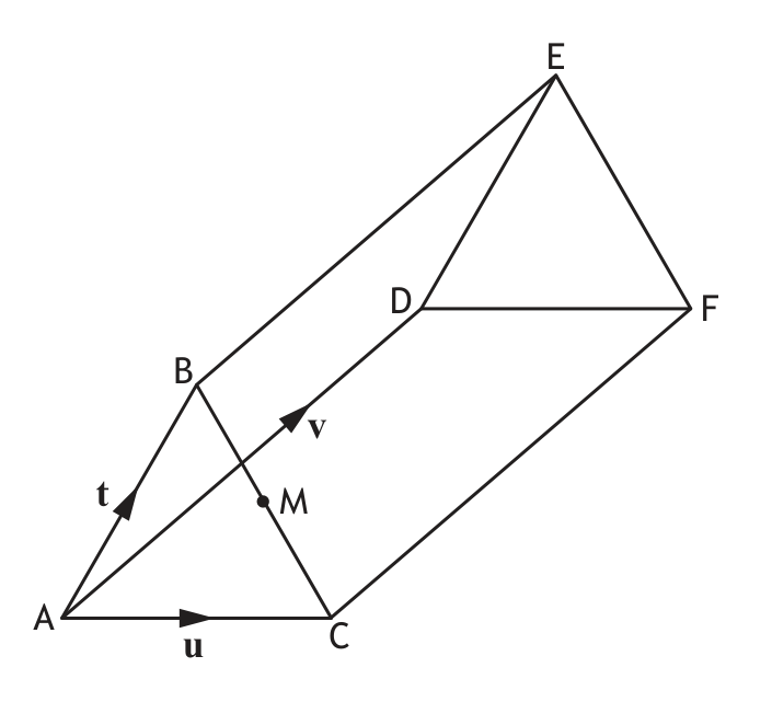Triangular prism ABC, DEF with vectors t, u, v
