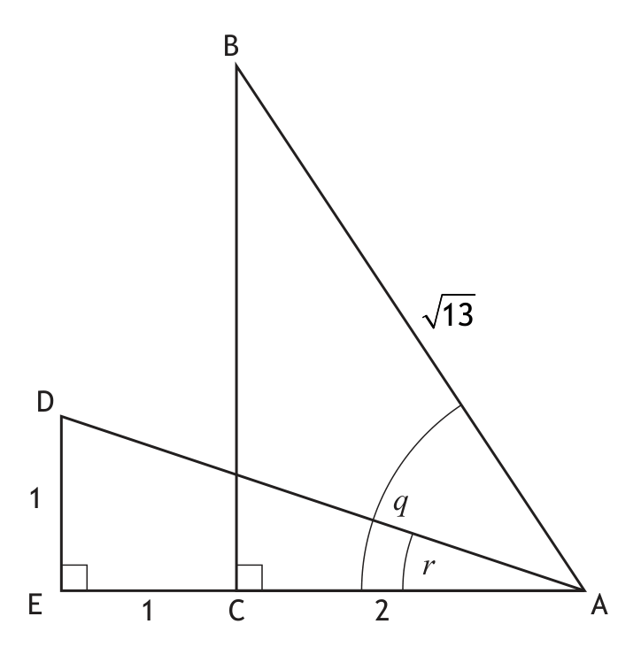 Diagram showing right-angled triangles ABC and ADE with angles q and r