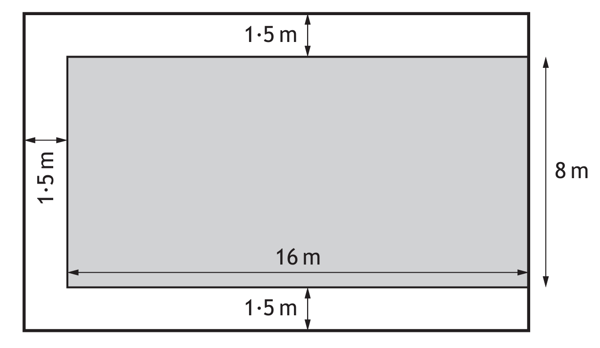 Diagram of a 16m by 8m pool with a 1.5m walkway around three sides