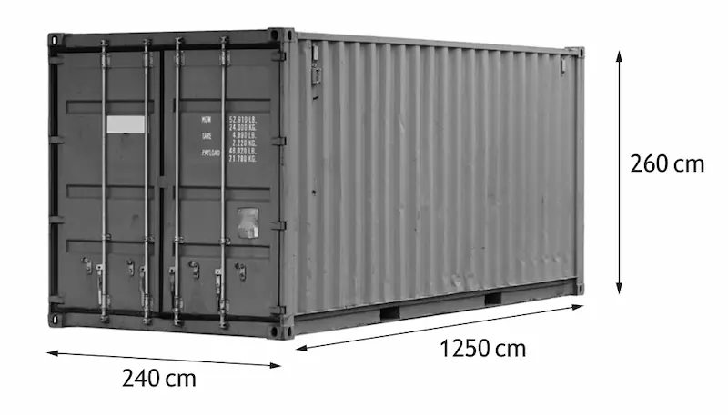Container dimensions: 240cm wide, 1250cm long, 260cm high