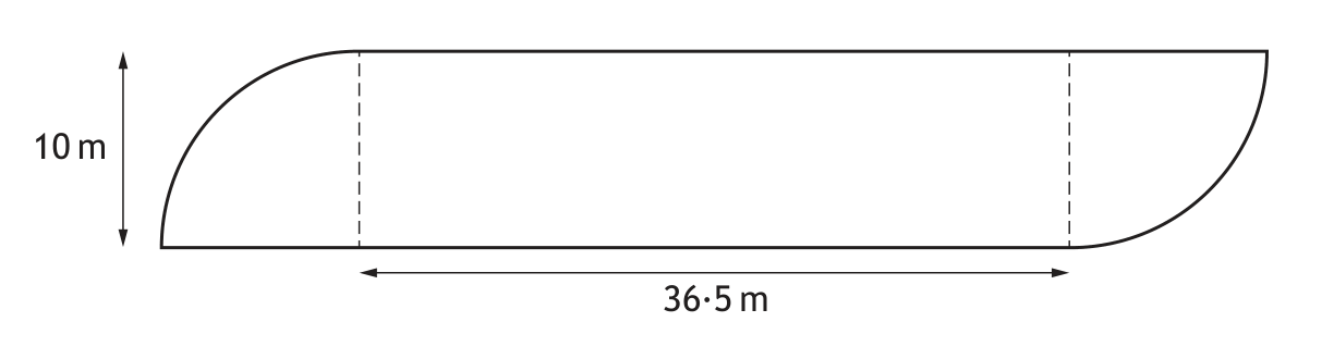 Diagram of a swimming pool shaped as a rectangle with quarter circles at the ends