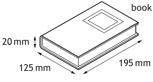 Diagram showing dimensions of a single book and a packing box