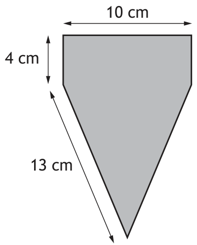 Flag shaped as isosceles triangle with rectangle on top. Rectangle width 10cm, height 4cm. Slant side of triangle is 13cm.