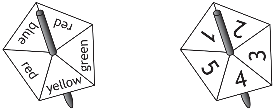 Two spinners: first with colours blue, red, green, yellow, red; second with numbers 1, 2, 3, 4, 5