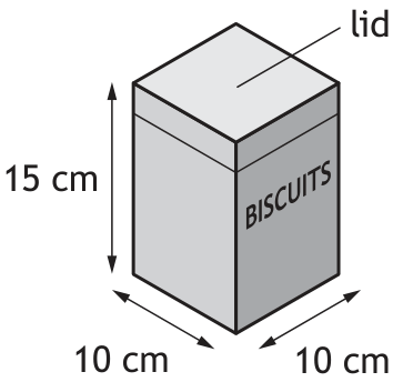 Biscuit tin measuring 15 cm by 10 cm by 10 cm