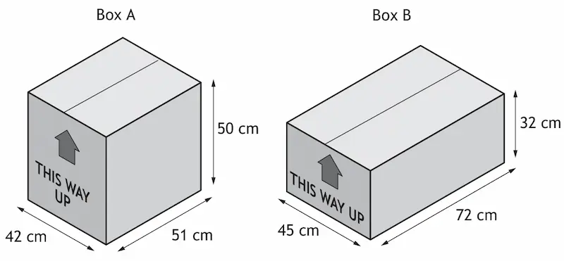 Box A measuring 50 cm by 51 cm by 42 cm