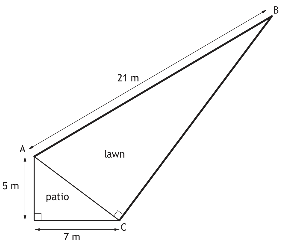 Diagram of Fiona's garden showing a right-angled triangle with base 7m and height 5m, and an adjacent right-angled triangle with hypotenuse 21m