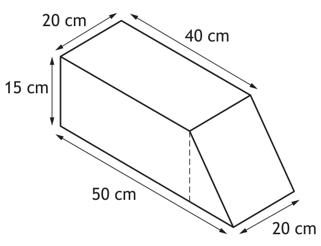 Diagram of a container consisting of a cuboid and a triangular prism with dimensions 20cm, 15cm, 40cm, 50cm, and 20cm