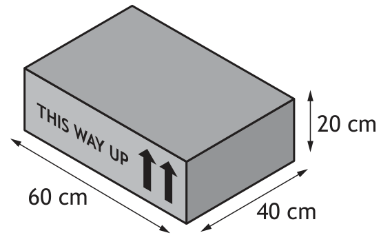 Diagram of a box with dimensions 60 cm by 40 cm by 20 cm