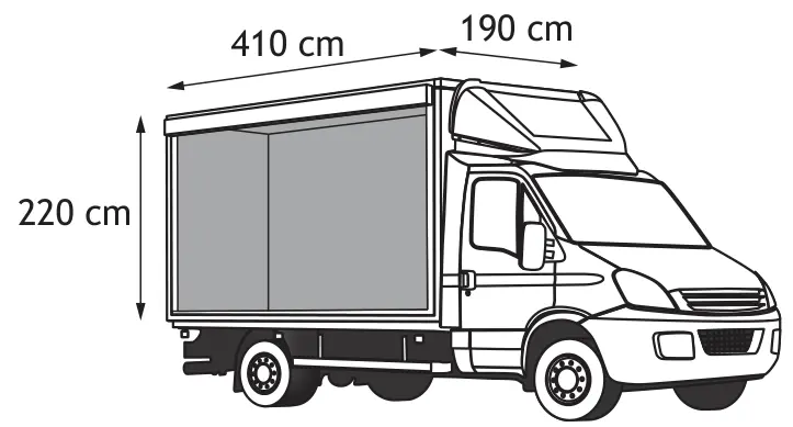 Diagram of a van with internal dimensions 410 cm length, 220 cm height, 190 cm width