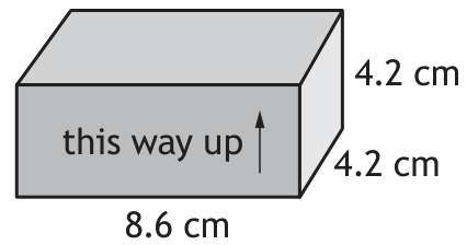 Box with a 'this way up' arrow pointing along the 8.6 cm side