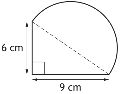 Badge diagram showing a right-angled triangle with sides 6 cm and 9 cm, and a semi-circle on the hypotenuse