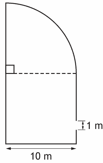 Garden made from a square of side 10 m with a quarter circle of radius 10 m on top; the right-hand side has a 1 m gap near the bottom