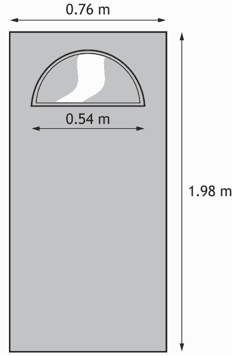Rectangular front door 0.76 m wide and 1.98 m high, with a semi-circular window of diameter 0.54 m near the top