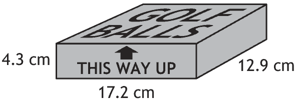 Box of golf balls measuring 17.2 cm by 12.9 cm by 4.3 cm, marked THIS WAY UP