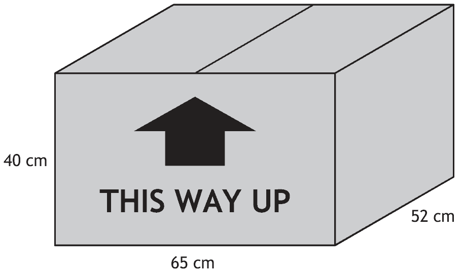 Shipping container measuring 65 cm by 52 cm by 40 cm, marked THIS WAY UP