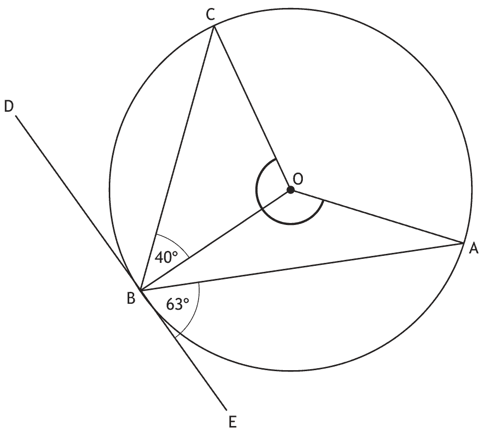Circle with centre O, tangent DE touching the circle at B, with points A and C on the circumference