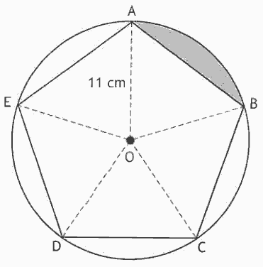Regular pentagon ABCDE with vertices on a circle of centre O, with one segment shaded
