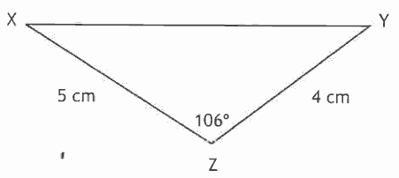 Triangle XYZ with XZ = 5 cm, YZ = 4 cm and angle XZY = 106 degrees