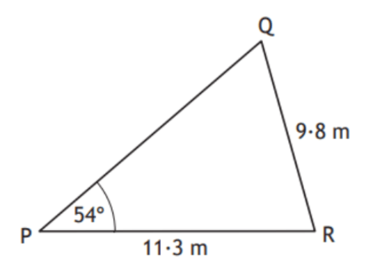 Triangle PQR with side lengths and angle